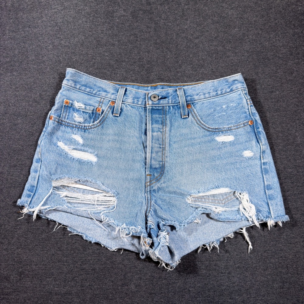 Levi's 501 Cut Off Shorts Women 29 Blue Distressed Denim Button Fly Frayed Hem